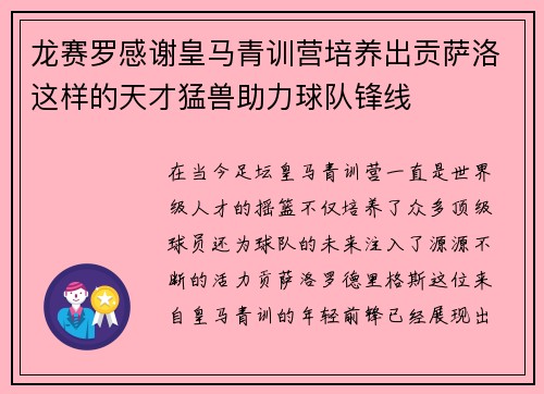 龙赛罗感谢皇马青训营培养出贡萨洛这样的天才猛兽助力球队锋线