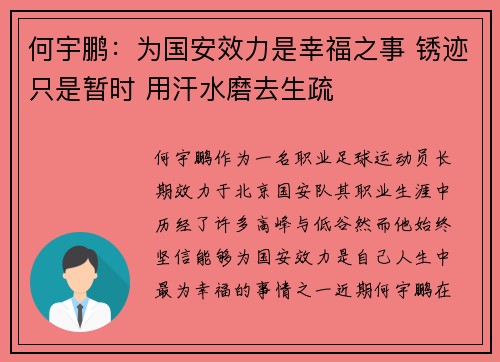 何宇鹏：为国安效力是幸福之事 锈迹只是暂时 用汗水磨去生疏