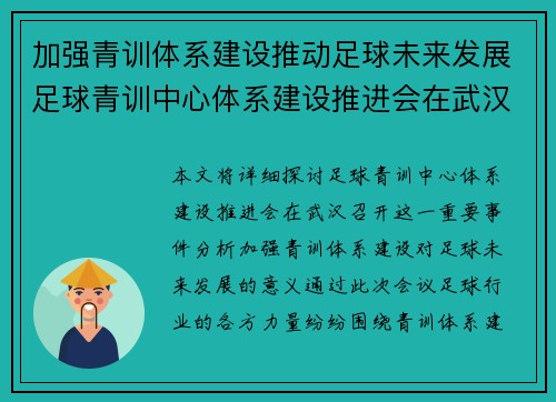 加强青训体系建设推动足球未来发展足球青训中心体系建设推进会在武汉召开